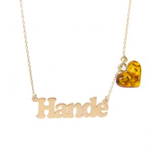 Custom Design Silver Name with Hearth Shape Amber Necklace