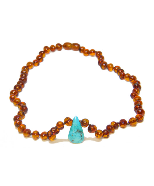 Cognac Color with Turquois Pendant Amber Necklace